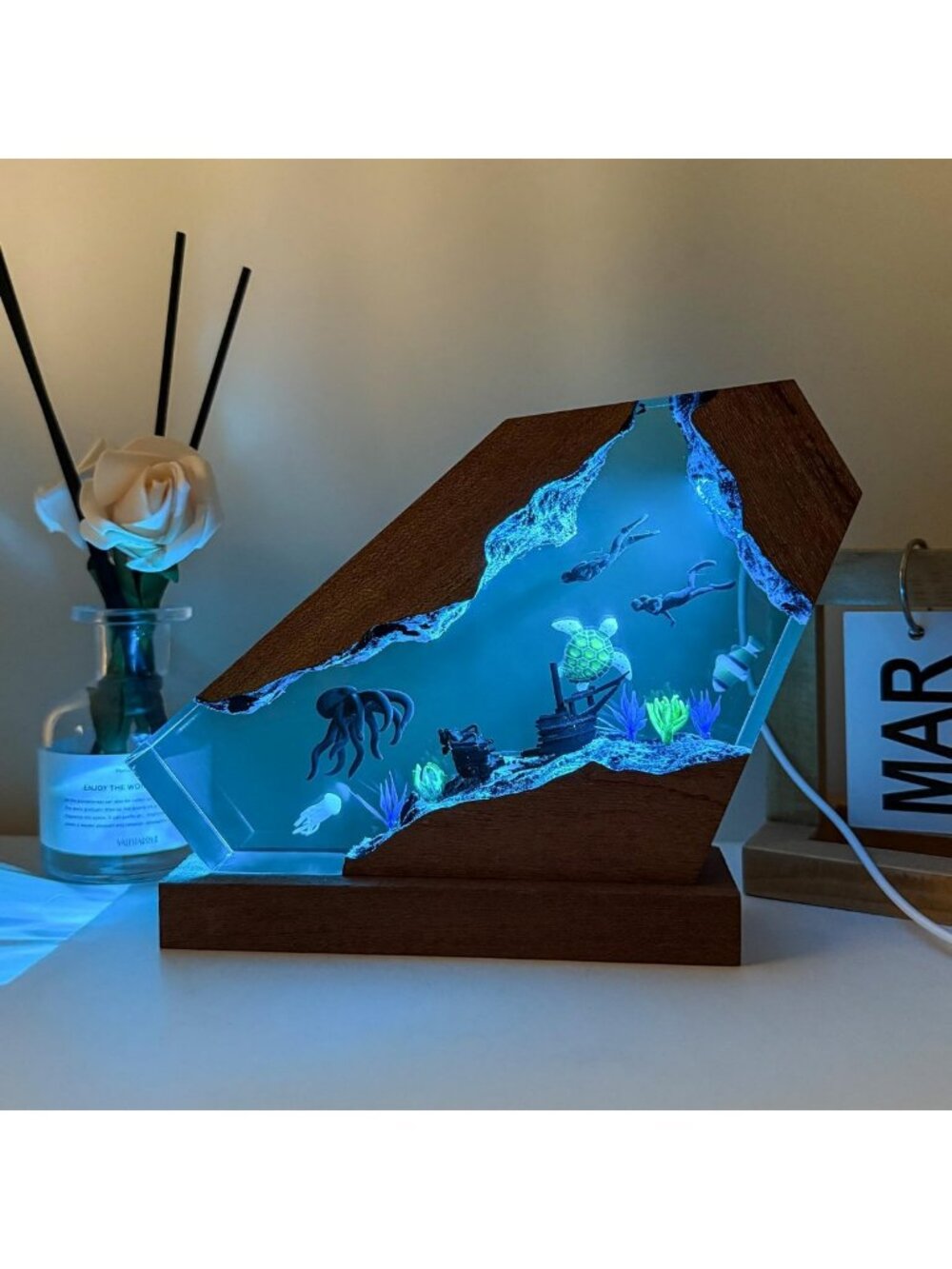 Handcrafted Ocean-Inspired Octopus Resin Lamp with RGB Lighting & Wooden Base